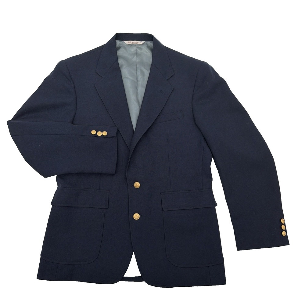 VTG Stafford Mens Navy Blue Hopsack Blazer Gold Crest Buttons 42R USA Preppy 90s